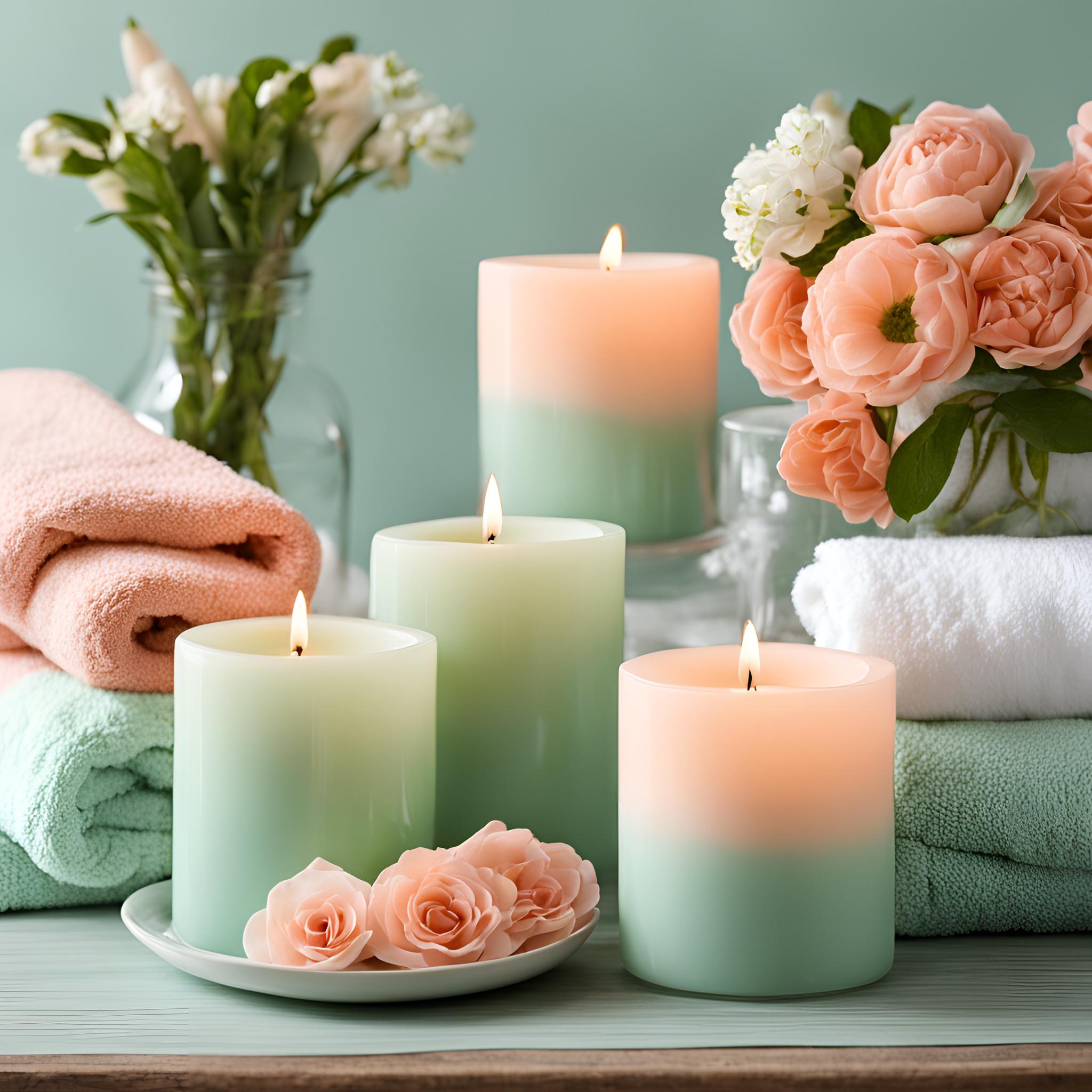 Kép rózsaszín és mentaszín gyertyákkal és törölközőkkel, dekorációs célra.