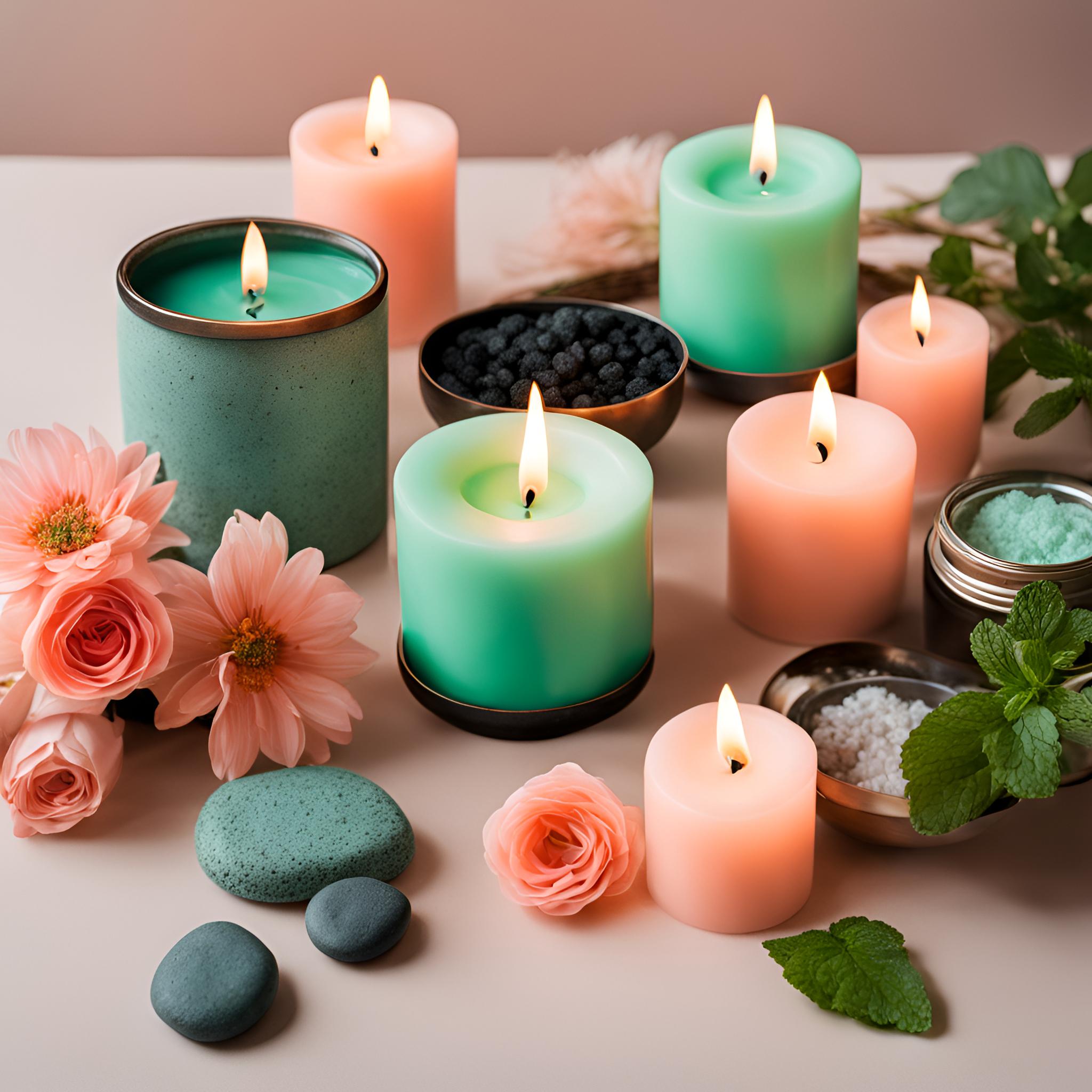 Kép rózsaszín és mentaszín gyertyákkal, gyógynövényekkel és törölközőkkel, dekorációs célra.